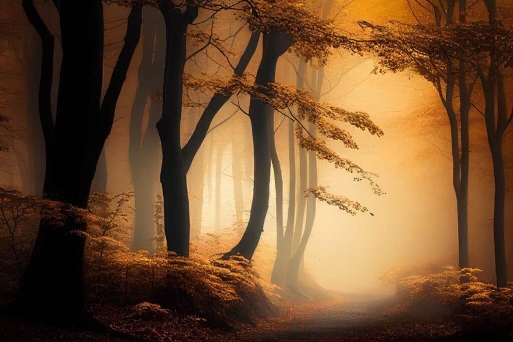 A capture of misty morning in a forest in fall time with trees