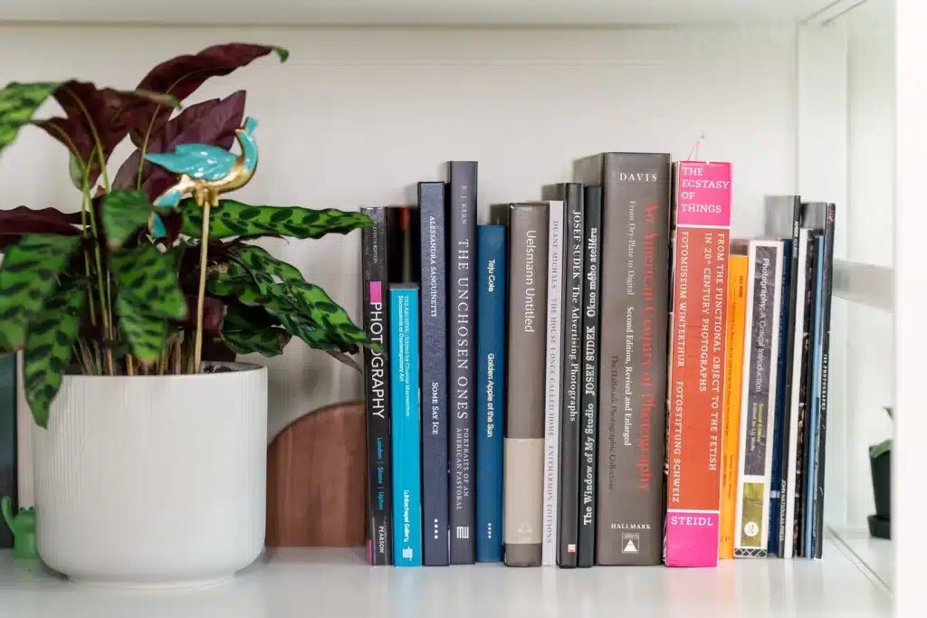 a number of books arranged in a shelf along side a plant pot