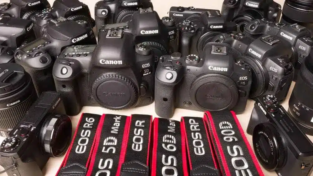 a variety of canon camera placed on a surface