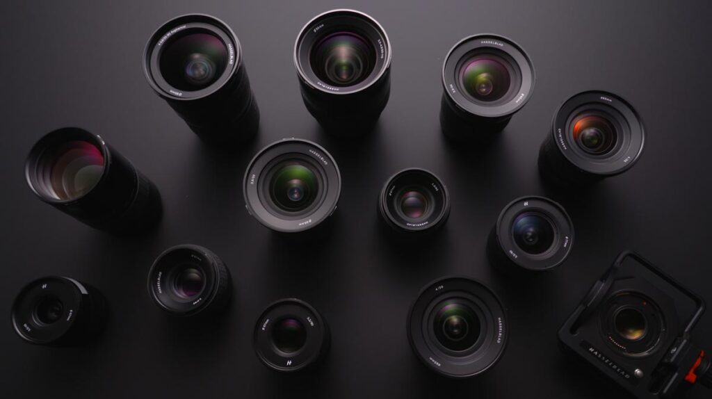 a wide number of camera lens placed on a black surface