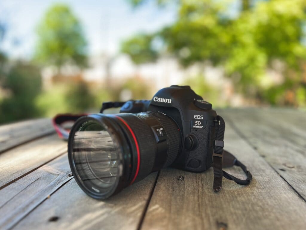 canon D Mark placed on a wooden surface