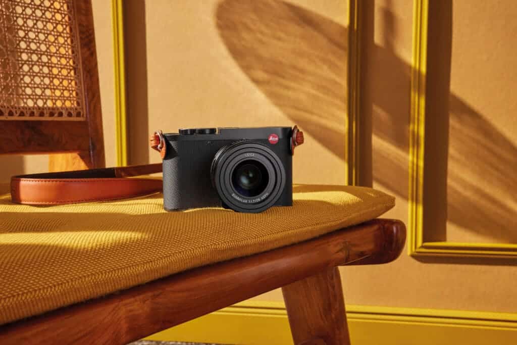 leica Q camera placed on a chair