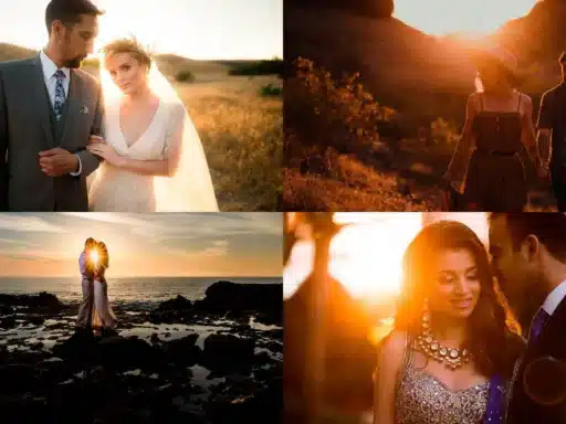 pictures of bride and groom being captured in golden hour