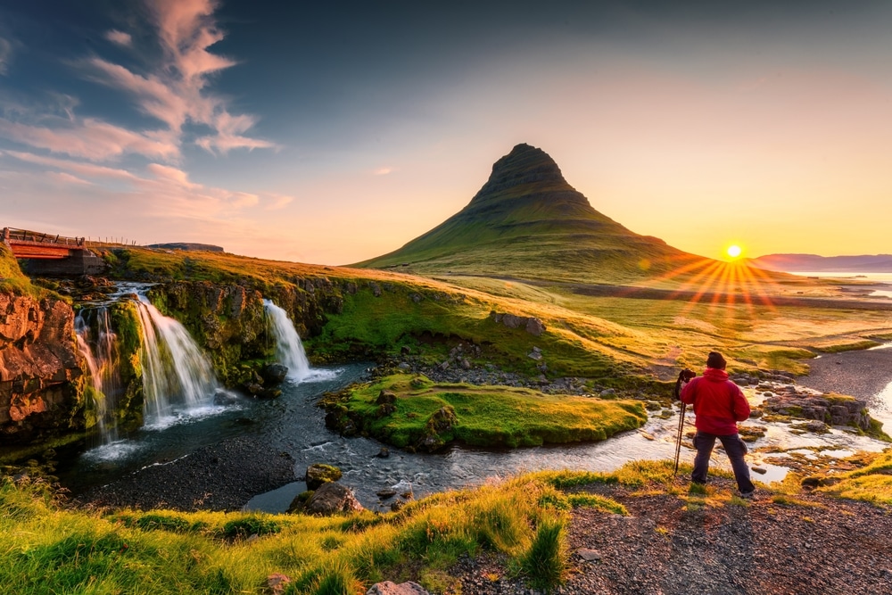 Panorama Landscape Of Sunrise Over Volcanic Kirkjufell Mountain With Kirkjufellsfoss