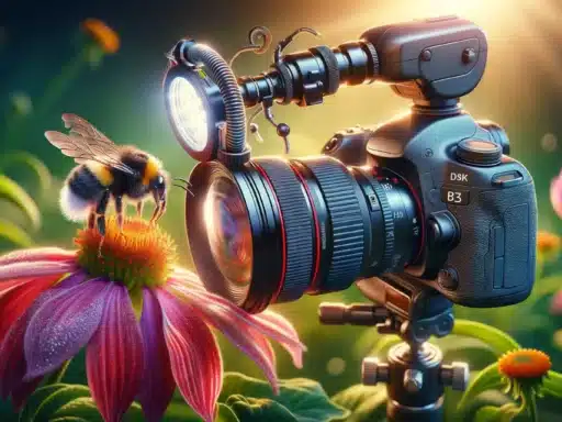 a camera set up infront of a bee sitting on a flower for macro photography