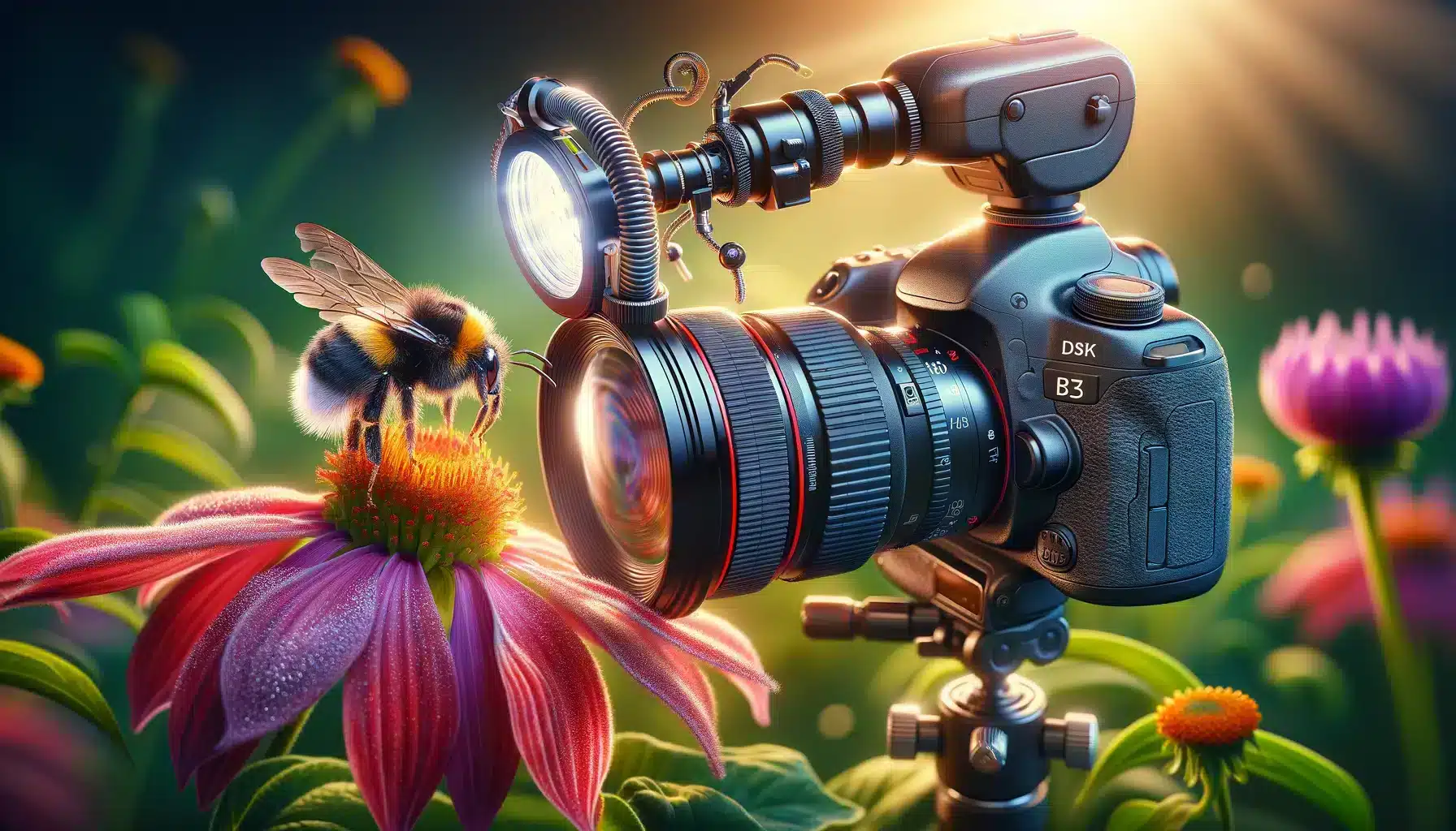 a camera set up infront of a bee sitting on a flower for macro photography