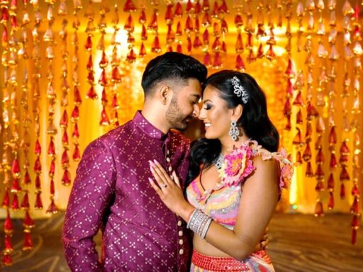 bride and groom posing for a romantic picture