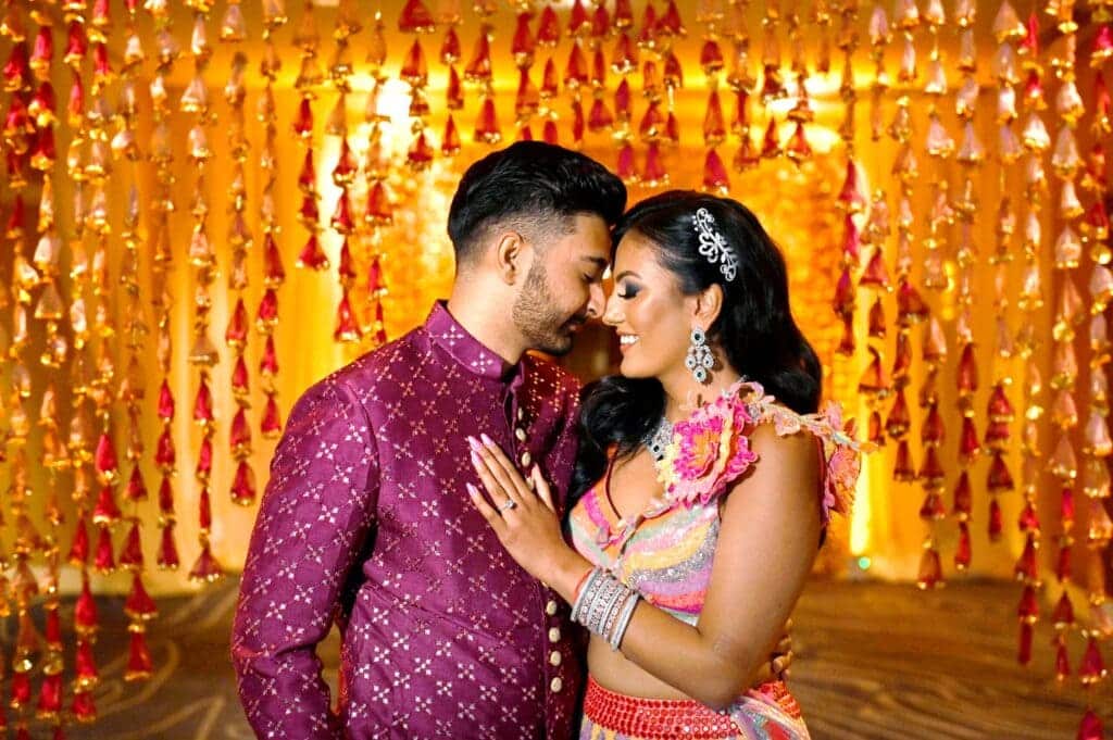 bride and groom posing for a romantic picture