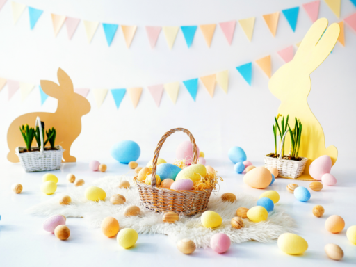 Many colorful Easter eggs with bunnies and baskets Easter decoration of the room