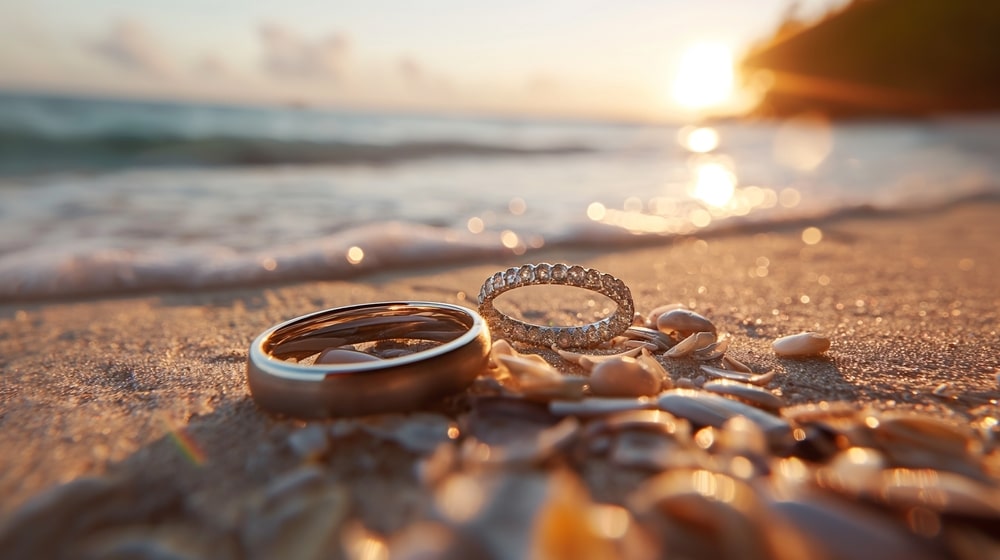 Gold Wedding Rings On The Beach At Sunset